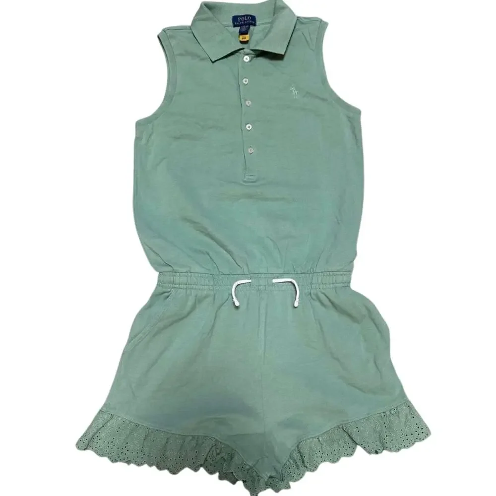 Polo Ralph Lauren Girls M 8-10 Mint Green Eyelet Ruffle Polo Romper